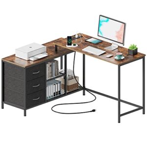 superjare l shaped desk with power outlets, computer desk with drawers & shelves, corner desk gaming desk home office desk, rustic brown