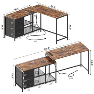 SUPERJARE L Shaped Desk with Power Outlets, Computer Desk with Drawers & Shelves, Corner Desk Gaming Desk Home Office Desk, Rustic Brown