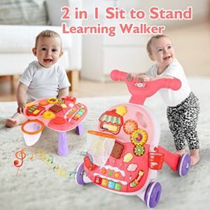 Eners Sit to Stand Baby Learning Walker with Wheels, Baby Activity Walker, 2 in 1 Baby Push Walkers and Activity Center, Walker for Baby Boy Girl (Walker Pink)