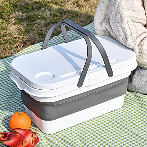 NUZYZ Picnic Basket, Foldable with Handle Large Capacity, Portable Outdoor Picnic Baskets, Shopping Baskets Fruit Picking Baskets, Water-Resistant Sealing Good, Multifunctional Basket White Grey