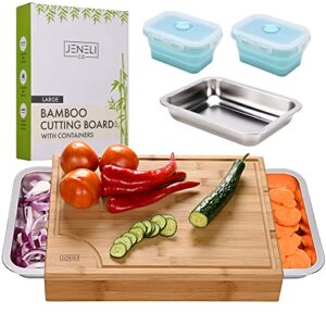 jeneli co large bamboo cutting board with containers, meal prep station with slide out stainless steel trays and collapsible containers, smart chopping board-over the sink or countertop