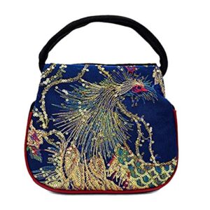 women mini peacock embroidery handbag – ethnic retro canvas party purse(blue)