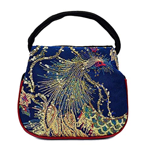 Women Mini Peacock Embroidery Handbag - Ethnic Retro Canvas Party Purse(Blue)