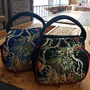 Women Mini Peacock Embroidery Handbag - Ethnic Retro Canvas Party Purse(Blue)