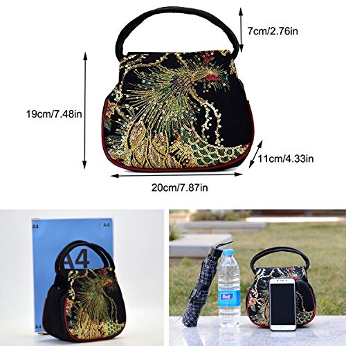 Women Mini Peacock Embroidery Handbag - Ethnic Retro Canvas Party Purse(Blue)