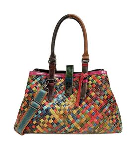 women multicolor splicing genuine leather handbag designer hand woven satchel purses top handle shoulder totes crossbody bag (multicolor)