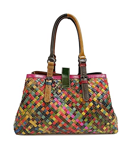 Women Multicolor Splicing Genuine Leather Handbag Designer Hand Woven Satchel Purses Top Handle Shoulder Totes Crossbody Bag (Multicolor)