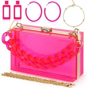 jadive 4 pcs women acrylic purse clear clutch bag evening purses for wedding vintage handbag retro earrings bracelet jewelry set (pink)