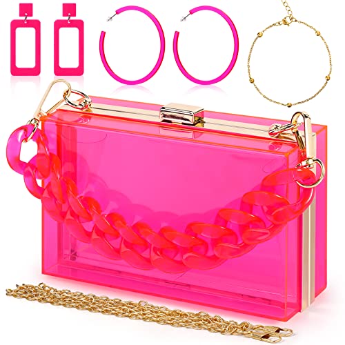 Jadive 4 Pcs Women Acrylic Purse Clear Clutch Bag Evening Purses for Wedding Vintage Handbag Retro Earrings Bracelet Jewelry Set (Pink)