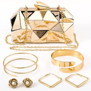 Jadive 5 Pcs Women Gold Clutch Purse Metallic Handbag Evening Purses Bag for Wedding Vintage Banquet Handbag Retro Earrings Arm Cuff Bracelet Jewelry Set