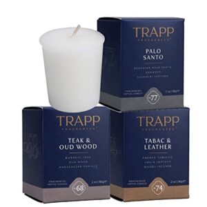 trapp 2oz votive candle mountain woods variety, set of 3 – with scents no. 77 palo santo, no. 74 tabac & leather, & no. 68 teak & oud wood