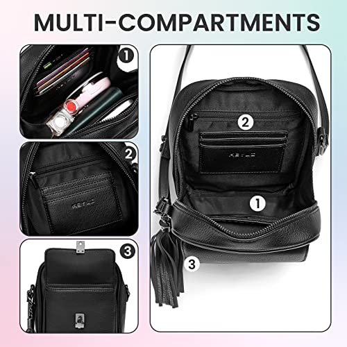 Keyli Double Zipper Crossbody Cell Phone Purse Fashion Lightweight Waterproof Leather Crossbody Bag for Women Anti-theft Mini Travel Messenger Shoulder Handbag Wallet with Tassel Black