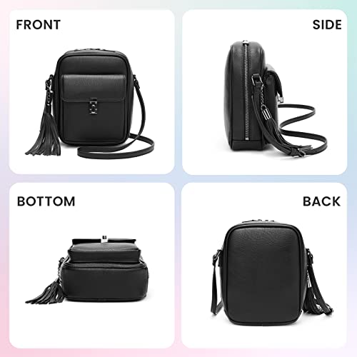 Keyli Double Zipper Crossbody Cell Phone Purse Fashion Lightweight Waterproof Leather Crossbody Bag for Women Anti-theft Mini Travel Messenger Shoulder Handbag Wallet with Tassel Black