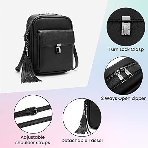 Keyli Double Zipper Crossbody Cell Phone Purse Fashion Lightweight Waterproof Leather Crossbody Bag for Women Anti-theft Mini Travel Messenger Shoulder Handbag Wallet with Tassel Black