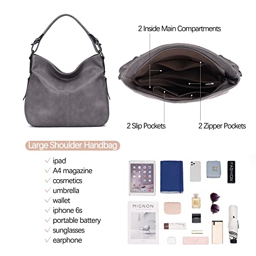 Hobo Bags for Women PU Leather Shoulder Bag Large Handbags Crossbody Purse Ladies Tote Bags with Adjustable Shoulder Strap Gray