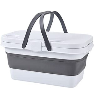 Foldable Picnic Basket with Lid and Tray Table, Collapsible Camping Basket Tub with Handle, Portable Basin Bucket for Camping BBQ