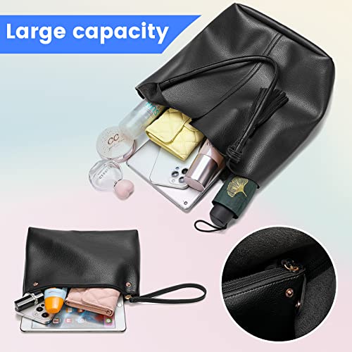 Keyli Hobo Bags for Women Set Waterproof Leather Shoulder Handbags Large Capacity Cute Tote Bag Shopping Travel Casual Top Handle Purse Solid Messenger Wallet with Tassel Black