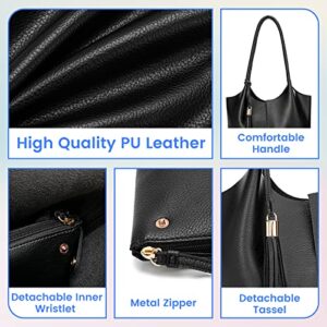 Keyli Hobo Bags for Women Set Waterproof Leather Shoulder Handbags Large Capacity Cute Tote Bag Shopping Travel Casual Top Handle Purse Solid Messenger Wallet with Tassel Black