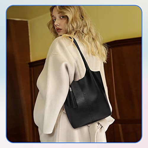 Keyli Hobo Bags for Women Set Waterproof Leather Shoulder Handbags Large Capacity Cute Tote Bag Shopping Travel Casual Top Handle Purse Solid Messenger Wallet with Tassel Black