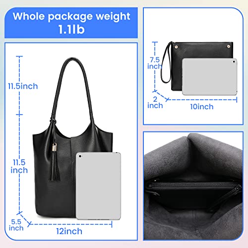 Keyli Hobo Bags for Women Set Waterproof Leather Shoulder Handbags Large Capacity Cute Tote Bag Shopping Travel Casual Top Handle Purse Solid Messenger Wallet with Tassel Black