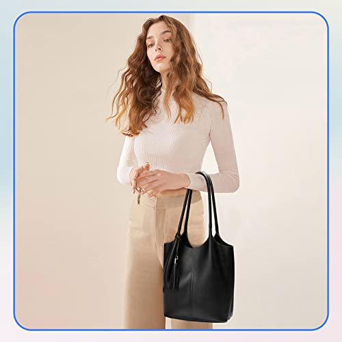 Keyli Hobo Bags for Women Set Waterproof Leather Shoulder Handbags Large Capacity Cute Tote Bag Shopping Travel Casual Top Handle Purse Solid Messenger Wallet with Tassel Black