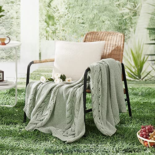 WRENSONGE Green Cable Knit Throw Blanket, 50x60 Leaf Pattern Hollow-out Design Knitted Throw Blanket for Couch, Bed, Sofa, Chair Cozy Warm Lightweight Outdoor Bedroom Decorative Blankets for Men Women