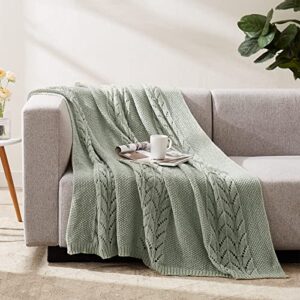 WRENSONGE Green Cable Knit Throw Blanket, 50x60 Leaf Pattern Hollow-out Design Knitted Throw Blanket for Couch, Bed, Sofa, Chair Cozy Warm Lightweight Outdoor Bedroom Decorative Blankets for Men Women