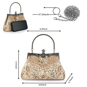 Evening Clutch Purse for Women - Crystal and Sequins Top Handle Bags - Elegant Crossbody Bag for Wedding Party Prom (Champagne)