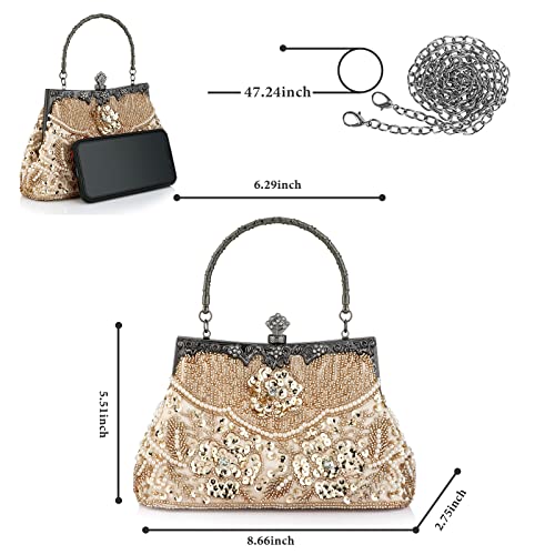 Evening Clutch Purse for Women - Crystal and Sequins Top Handle Bags - Elegant Crossbody Bag for Wedding Party Prom (Champagne)