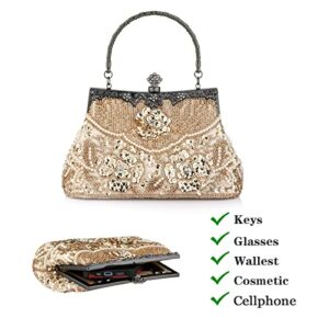 Evening Clutch Purse for Women - Crystal and Sequins Top Handle Bags - Elegant Crossbody Bag for Wedding Party Prom (Champagne)