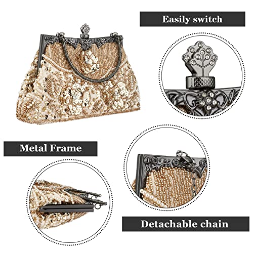 Evening Clutch Purse for Women - Crystal and Sequins Top Handle Bags - Elegant Crossbody Bag for Wedding Party Prom (Champagne)