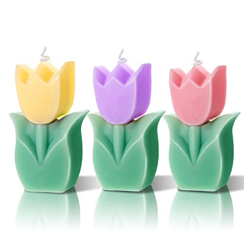 3 Pcs Flower Shaped Candles Tulip Candles Aesthetic Cool Candles Cute Candles Paraffin Wax Decorative Candle Room Decor Funky Scented Flower Candle for Gift Wedding Party Favors, Pink, Yellow, Purple