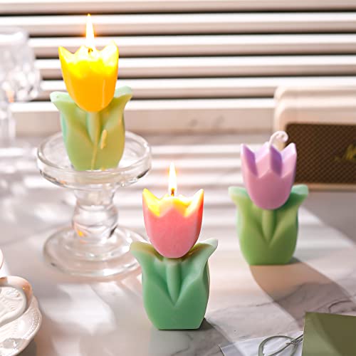 3 Pcs Flower Shaped Candles Tulip Candles Aesthetic Cool Candles Cute Candles Paraffin Wax Decorative Candle Room Decor Funky Scented Flower Candle for Gift Wedding Party Favors, Pink, Yellow, Purple