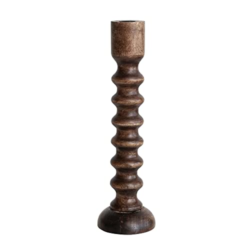 Creative Co-Op Hand Carved Wood, Brown Taper Candle Holder, Black