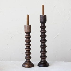 Creative Co-Op Hand Carved Wood, Brown Taper Candle Holder, Black