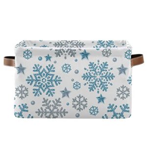 christmas snowflake storage basket,blue white snowflakes large storage bin fabric collapsible organizer bag with handles 15x11x9.5 inch