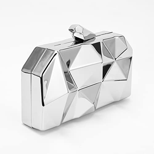 Tukaneeko Silver Evening Geometric Handbags Crossbody bags for Women Metal Clutch Purses for Parties Wedding with Chain