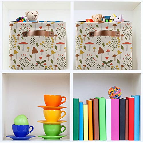 Kigai Collapsible Storage Basket with Handles, Mushroom Flower Canvas Fabric Storage Bins Toys Clothes Organizer for Bedroom, Nursery, Shelves, Closets (2PACK)