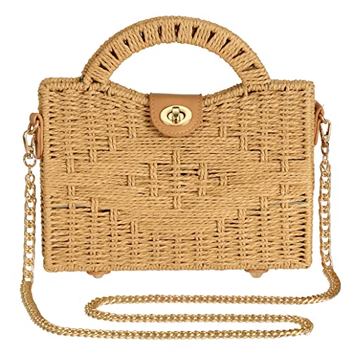 TaiGuri Women's Handmade Straw Rattan Woven Chain Strap Purse Handbag Tote Shoulder Bag Khaki