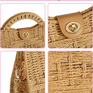 TaiGuri Women's Handmade Straw Rattan Woven Chain Strap Purse Handbag Tote Shoulder Bag Khaki