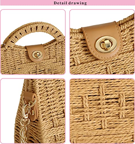 TaiGuri Women's Handmade Straw Rattan Woven Chain Strap Purse Handbag Tote Shoulder Bag Khaki