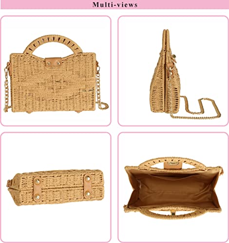 TaiGuri Women's Handmade Straw Rattan Woven Chain Strap Purse Handbag Tote Shoulder Bag Khaki