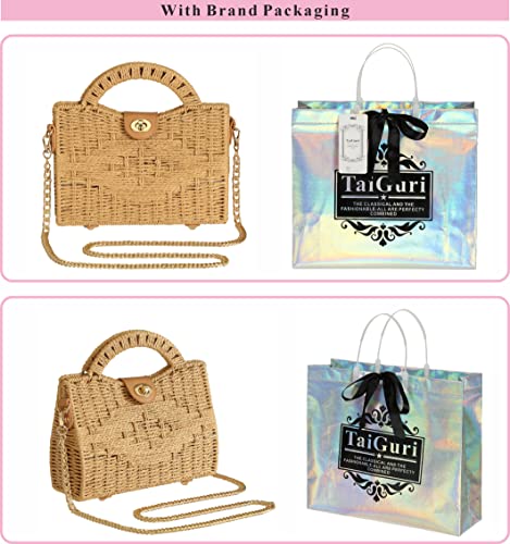 TaiGuri Women's Handmade Straw Rattan Woven Chain Strap Purse Handbag Tote Shoulder Bag Khaki