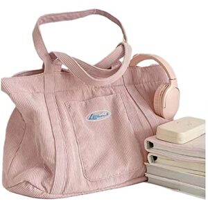 pink corduroy tote bag for women cute large capacity shopping handbag aesthetic adjustable shoulder strap crossbody bag (pink)