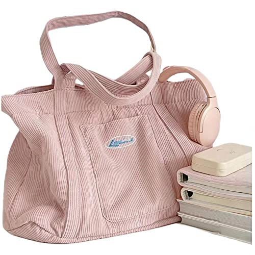 Pink Corduroy Tote Bag for Women Cute Large Capacity Shopping Handbag Aesthetic Adjustable Shoulder Strap Crossbody Bag (Pink)