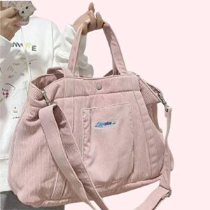 Pink Corduroy Tote Bag for Women Cute Large Capacity Shopping Handbag Aesthetic Adjustable Shoulder Strap Crossbody Bag (Pink)