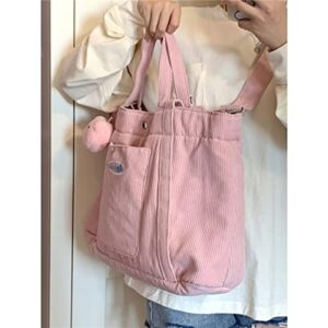 Pink Corduroy Tote Bag for Women Cute Large Capacity Shopping Handbag Aesthetic Adjustable Shoulder Strap Crossbody Bag (Pink)