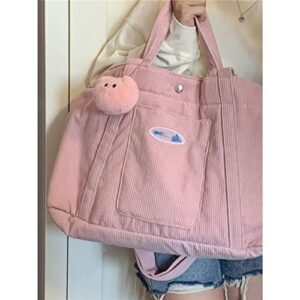 Pink Corduroy Tote Bag for Women Cute Large Capacity Shopping Handbag Aesthetic Adjustable Shoulder Strap Crossbody Bag (Pink)