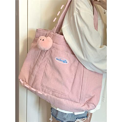 Pink Corduroy Tote Bag for Women Cute Large Capacity Shopping Handbag Aesthetic Adjustable Shoulder Strap Crossbody Bag (Pink)