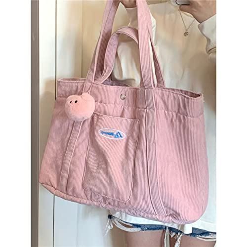 Pink Corduroy Tote Bag for Women Cute Large Capacity Shopping Handbag Aesthetic Adjustable Shoulder Strap Crossbody Bag (Pink)